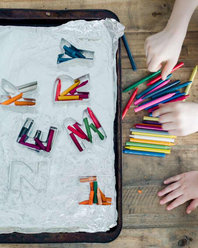 DIY letter crayons, cookie cutter crayons, letter crayons, melting crayons, children's craft day, oh yay studio