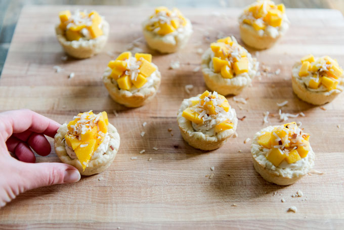 coconut lime mango tarts, tropical tart recipe, mini tart recipe easy, sugar cookie mini tart recipe, mini fruit tarts easy