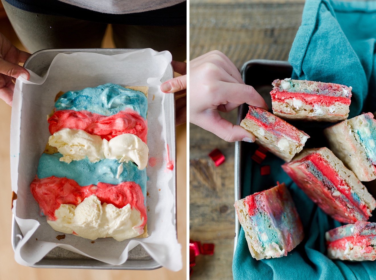 fourth of july dessert, fourth of july ice cream sandwich, ice cream sandwich recipe, fourth of july ice cream sandwich easy, red white and blue ice cream, blondie ice cream sandwich recipe, ice cream sammie, oh yay emily steffen