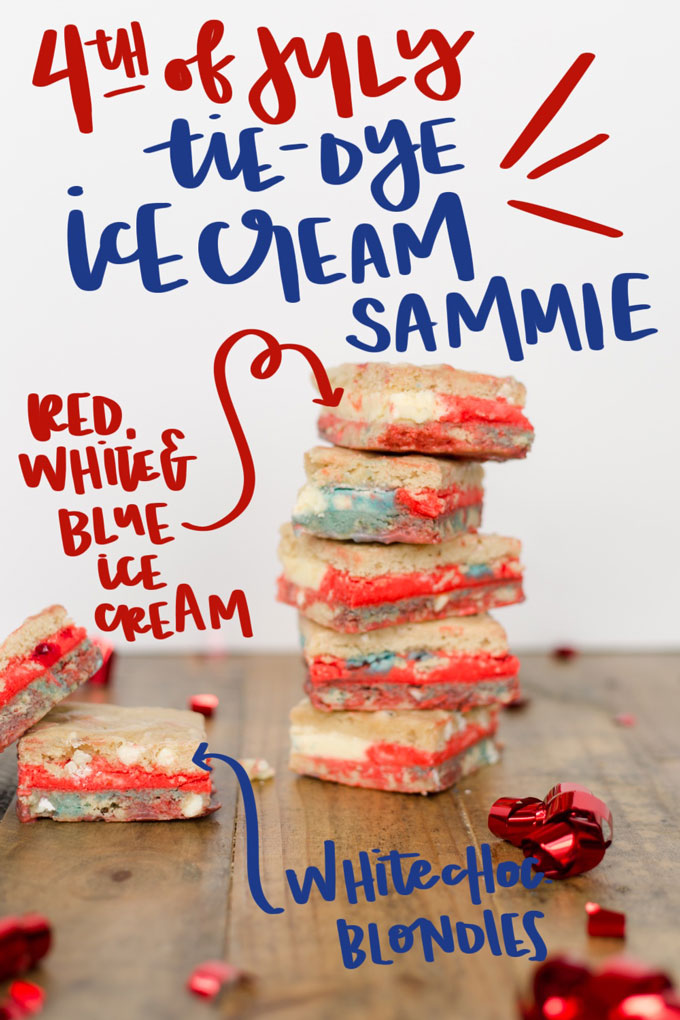 fourth of july dessert, fourth of july ice cream sandwich, ice cream sandwich recipe, fourth of july ice cream sandwich easy, red white and blue ice cream, blondie ice cream sandwich recipe, ice cream sammie, oh yay emily steffen