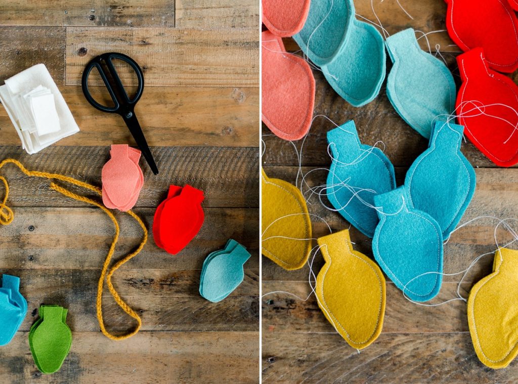 DIY felt christmas garland, DIY Christmas bulb ornaments, DIY christmas bulb garland, how to make a felt christmas garland,  DIY christmas garland ideas, christmas bulb DIY, christmas bulb decorating, colorful christmas garland, colorful christmas decor DIY