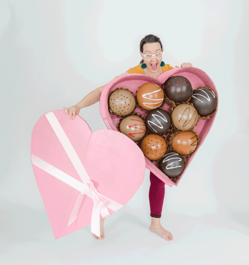 A DIY Valentine costume: a heart shaped box of chocolate truffles – oh yay  studio – Color + Painting + Making + Everyday celebrating