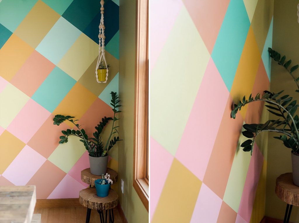 How to DIY a colorful wall mural, colorful wall mural, joyful wall mural, in home mural, how to make an easy colorful wall mural, dining room mural, house mural, how to paint a wall, diagonal grid on wall