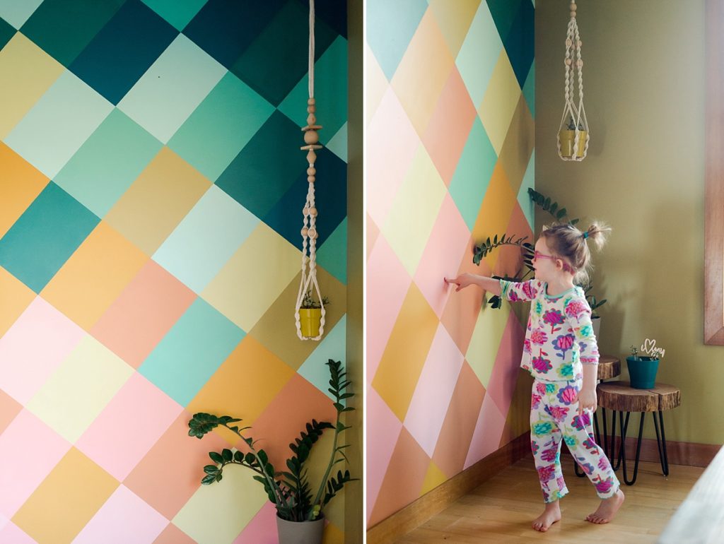 How to DIY a colorful wall mural, colorful wall mural, joyful wall mural, in home mural, how to make an easy colorful wall mural, dining room mural, house mural, how to paint a wall, diagonal grid on wall