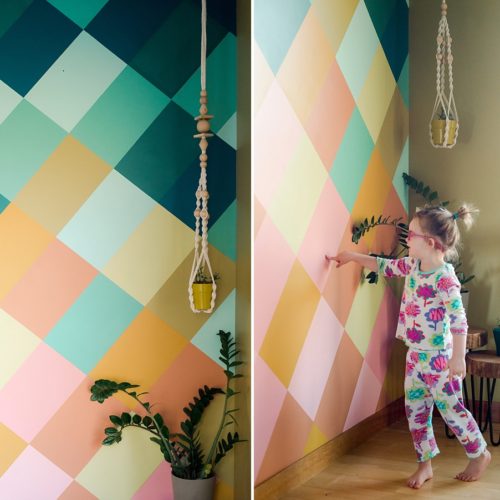 How to DIY a colorful wall mural, colorful wall mural, joyful wall mural, in home mural, how to make an easy colorful wall mural, dining room mural, house mural, how to paint a wall, diagonal grid on wall