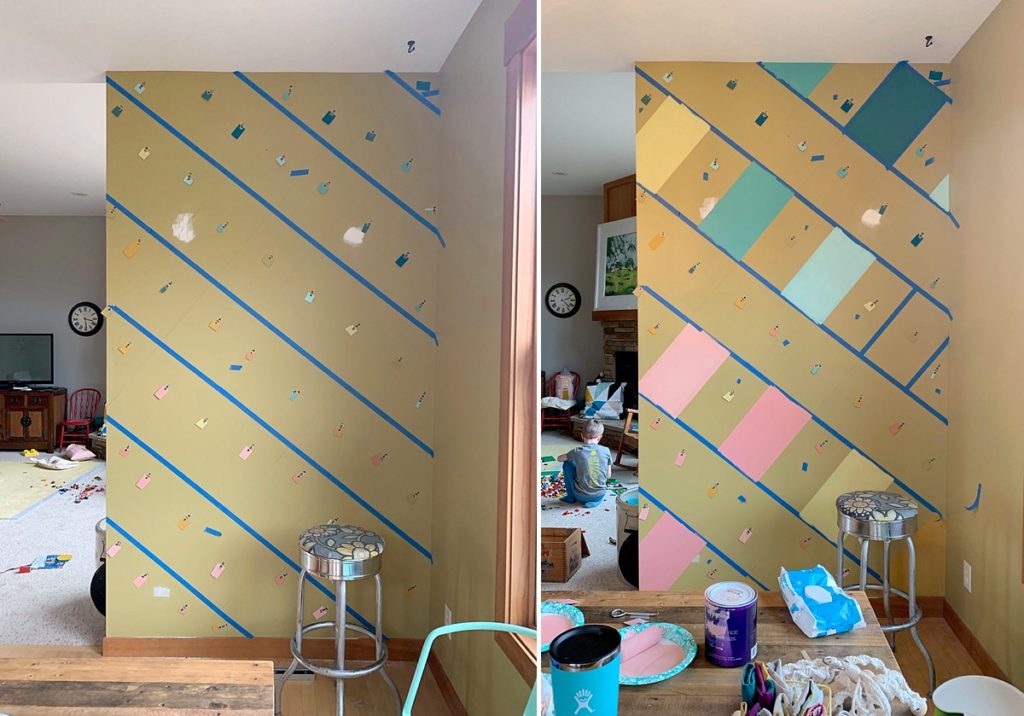 How to DIY a colorful wall mural, colorful wall mural, joyful wall mural, in home mural, how to make an easy colorful wall mural, dining room mural, house mural, how to paint a wall, diagonal grid on wall