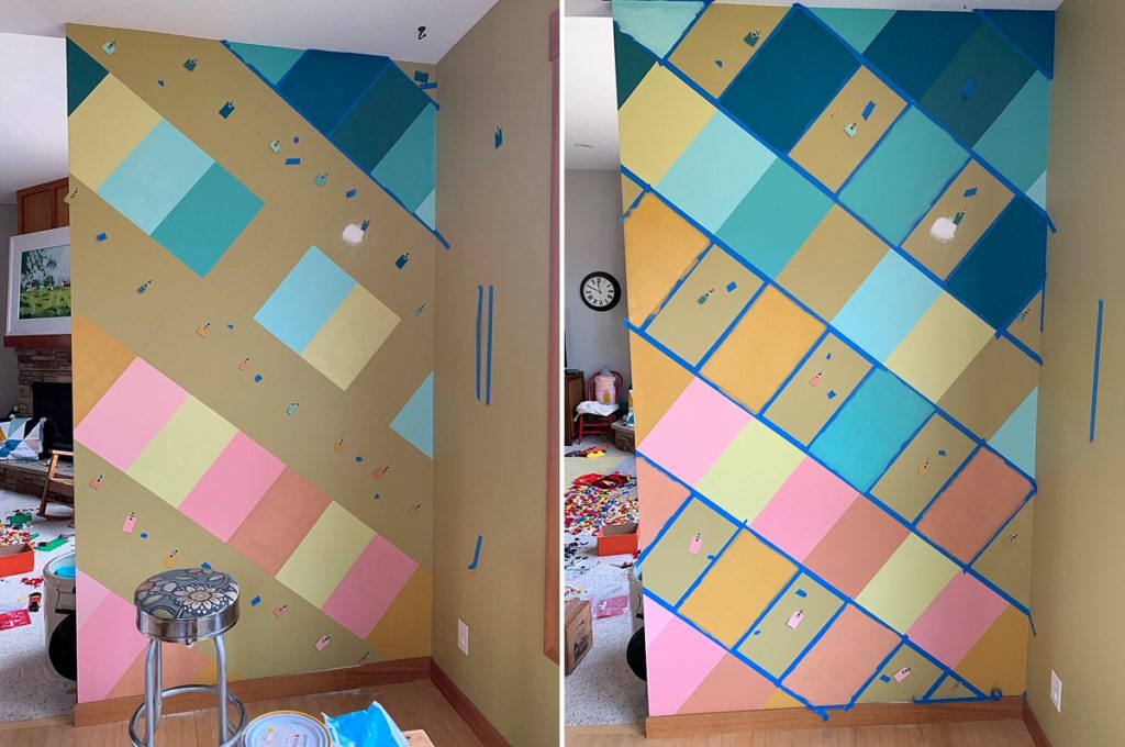 How to DIY a colorful wall mural, colorful wall mural, joyful wall mural, in home mural, how to make an easy colorful wall mural, dining room mural, house mural, how to paint a wall, diagonal grid on wall