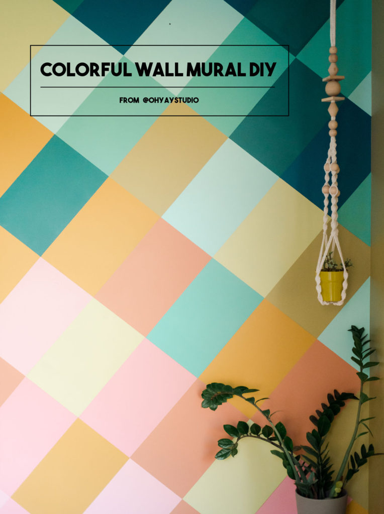 How to DIY a colorful wall mural, colorful wall mural, joyful wall mural, in home mural, how to make an easy colorful wall mural, dining room mural, house mural, how to paint a wall, diagonal grid on wall