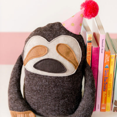 how to make a plushy bookend, sloth plushie pattern, sloth pattern, DIY sloth bookend, handmade bookend, janome sewing machine review, janome kids camp project
