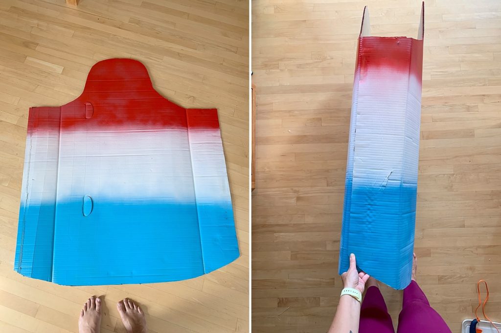 bomb pop costume, cardboard box costume, easy DIY costume,  summer costume, 4th of july costume, 4th of july parade idea