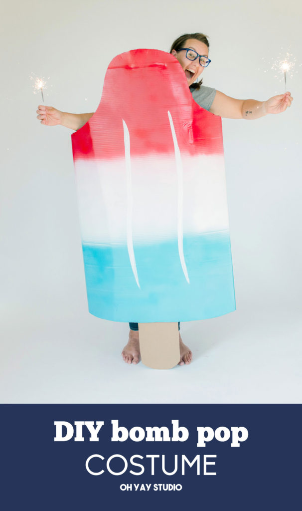 bomb pop costume, cardboard box costume, easy DIY costume,  summer costume, 4th of july costume, 4th of july parade idea