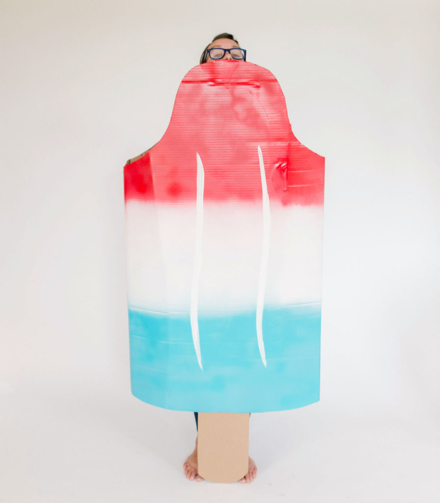 bomb pop costume, cardboard box costume, easy DIY costume,  summer costume, 4th of july costume, 4th of july parade idea