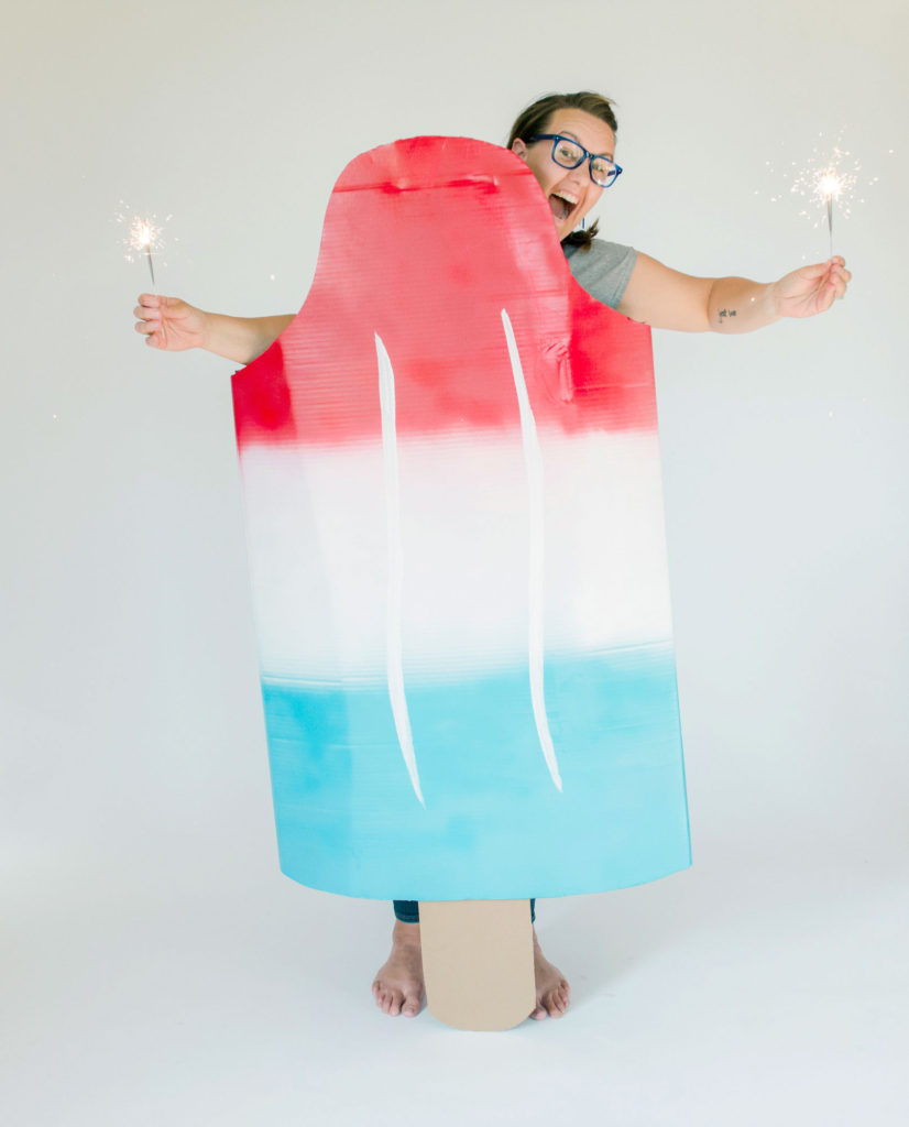 bomb pop costume, cardboard box costume, easy DIY costume,  summer costume, 4th of july costume, 4th of july parade idea