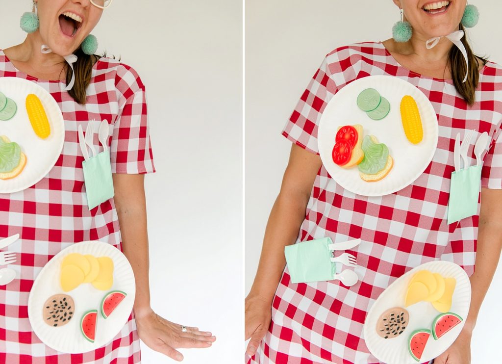How to make a DIY picnic table costume with fake food and a table cloth, DIY halloween costume, DIY picnic table costume