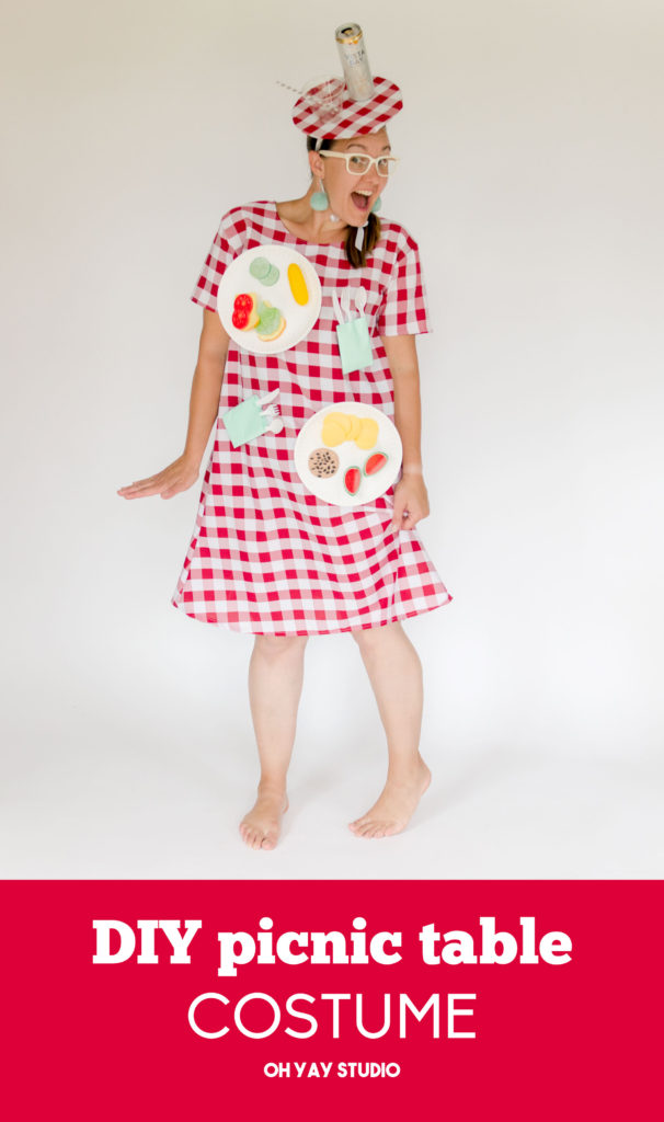 How to make a DIY picnic table costume with fake food and a table cloth, DIY halloween costume, DIY picnic table costume