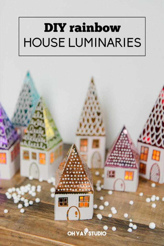 DIY house luminary, DIY foiled houses, DIY paper luminaries, printable paper luminaries, Xyron Glaminator house luminaries, xyron laminator projects