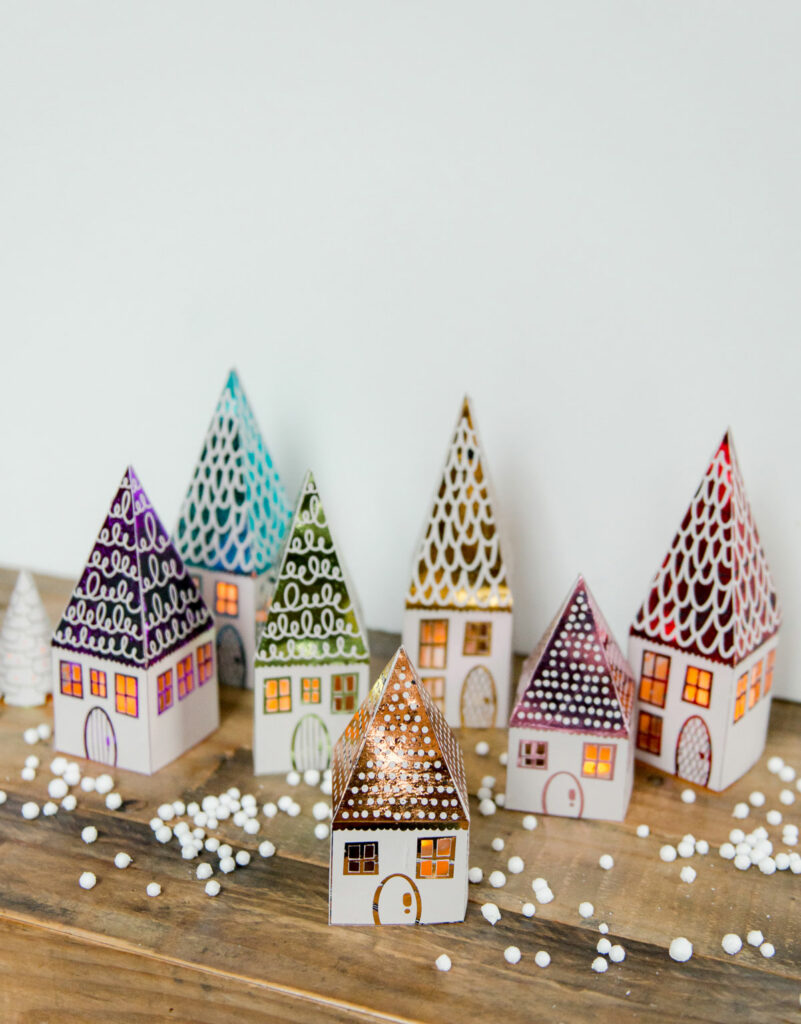 DIY house luminary, DIY foiled houses, DIY paper luminaries, printable paper luminaries, Xyron Glaminator house luminaries, xyron laminator projects