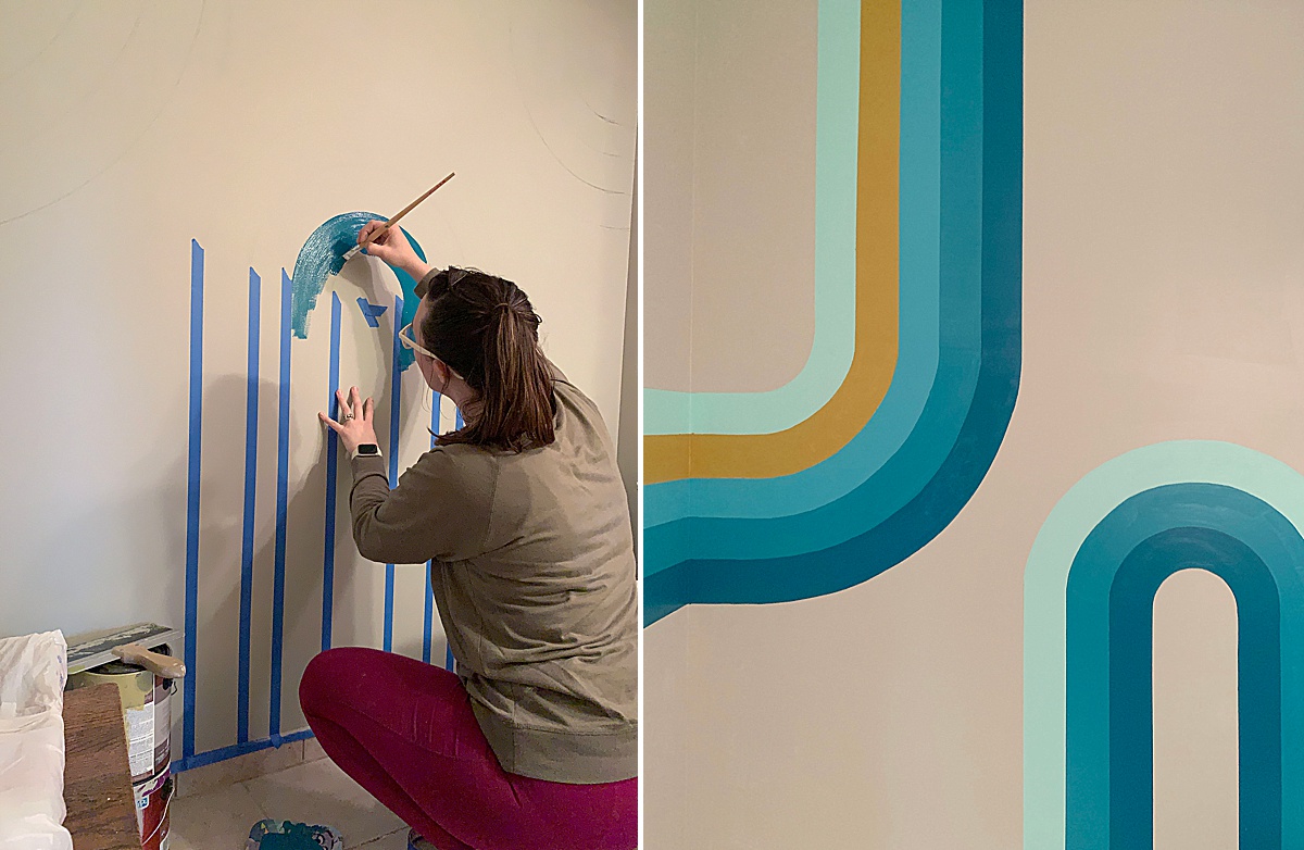 bathroom mural, colorful household mural, curvy line mural, how to paint a curved line mural