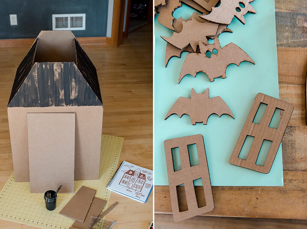 haunted house costume, DIY cardboard box costume, DIY halloween costume, haunted gingerbread house costume, haunted house costume