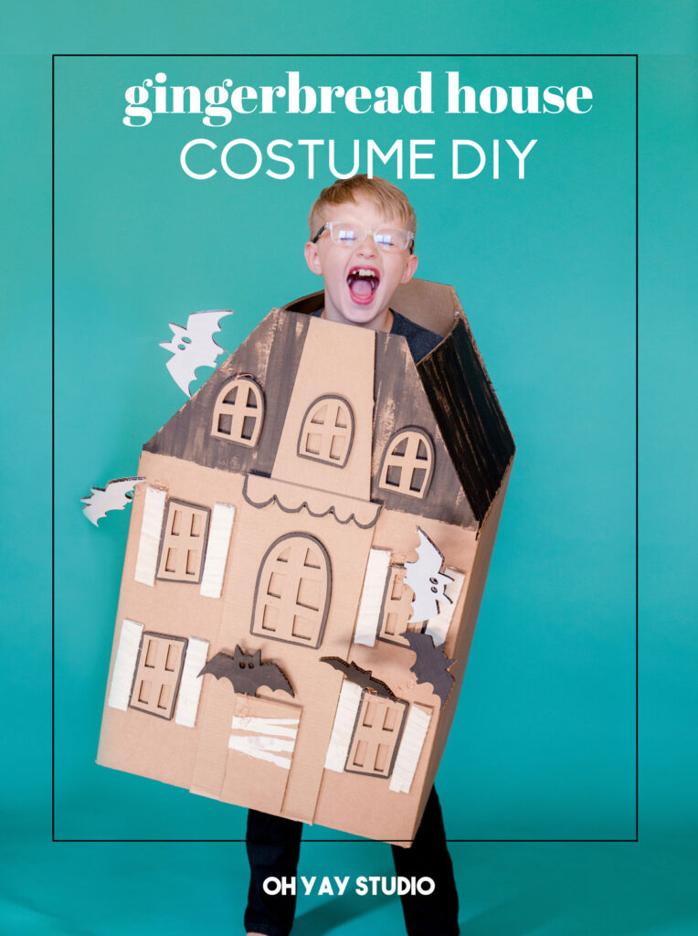 haunted house costume, DIY cardboard box costume, DIY halloween costume, haunted gingerbread house costume, haunted house costume