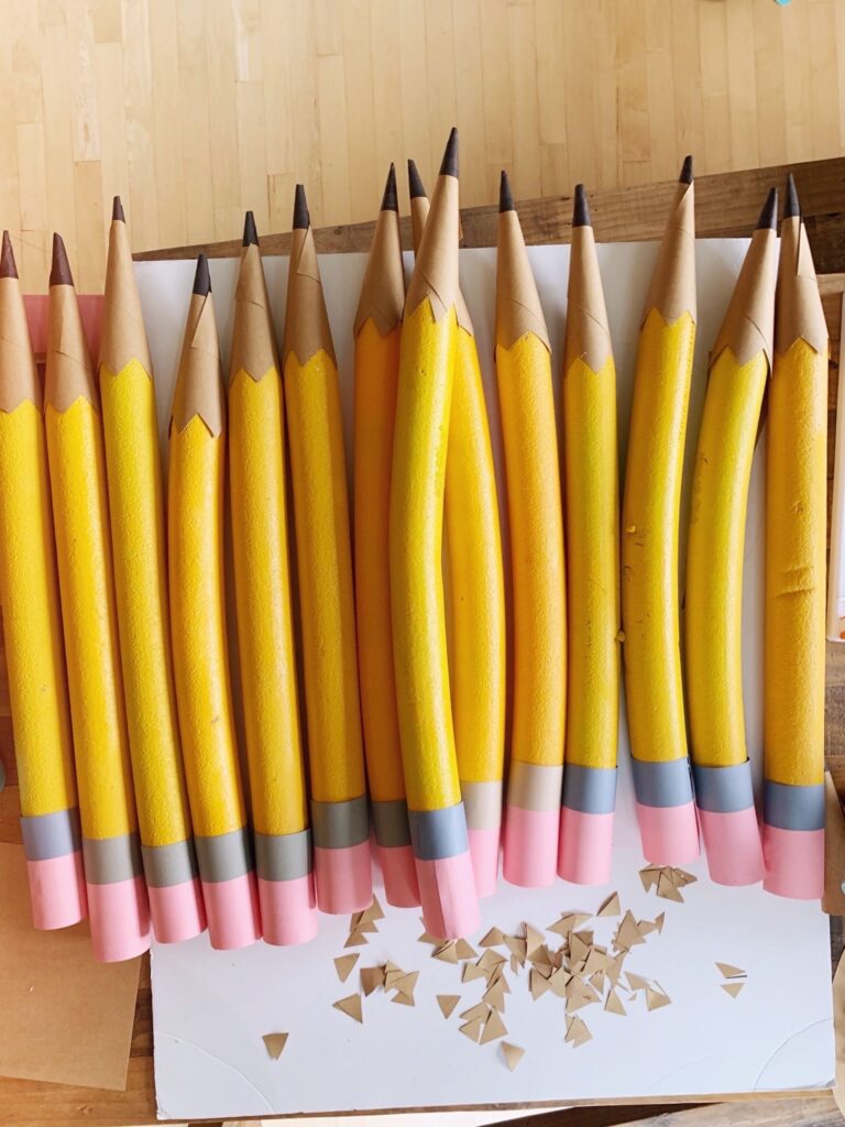 How to make pool noodle pencils, giant pencils, teacher decor, homeschool decor, how to make giant pencils, decor for teachers, first day of school decor