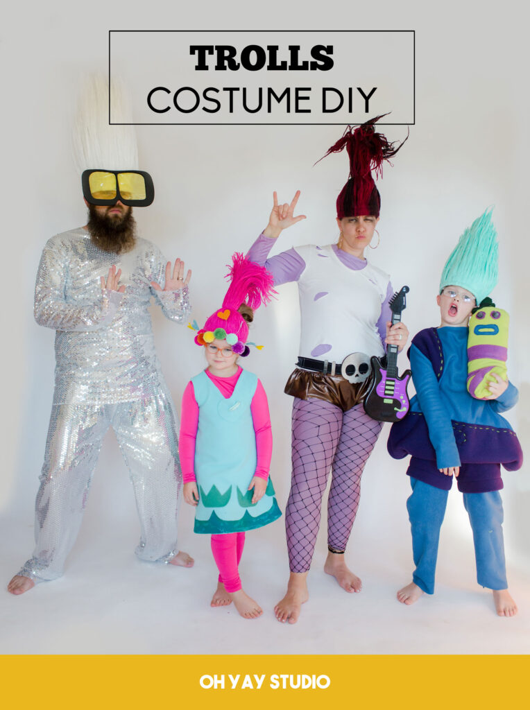 How to make trolls costumes, trolls costumes, trolls world tour costumes, poppy costume, queen barb costume, tiny diamond costume DIY, Biggie Mr Dinkles costume