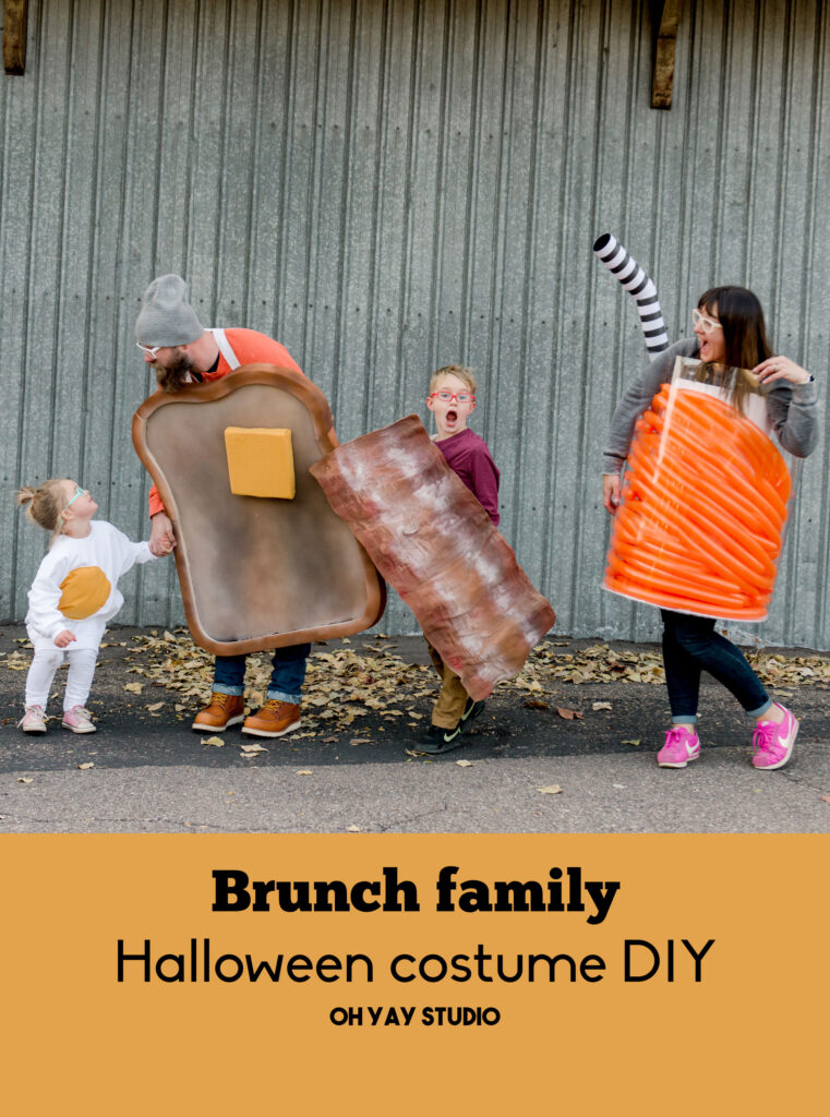 Brunch Halloween costume DiY, how to make brunch costumes, bacon costume, egg costume, toast costume, juice costume DIY