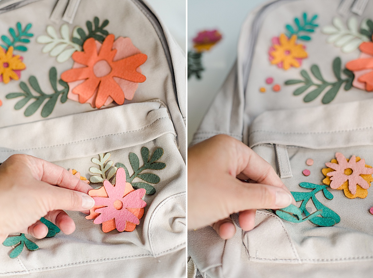 Floral Fabric Backpack, canvas backpack upcycle, felt floral backpack, backpack DIY project, back to school project