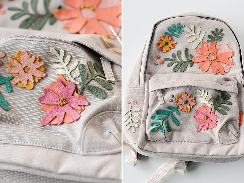 Floral Fabric Backpack, canvas backpack upcycle, felt floral backpack, backpack DIY project, back to school project