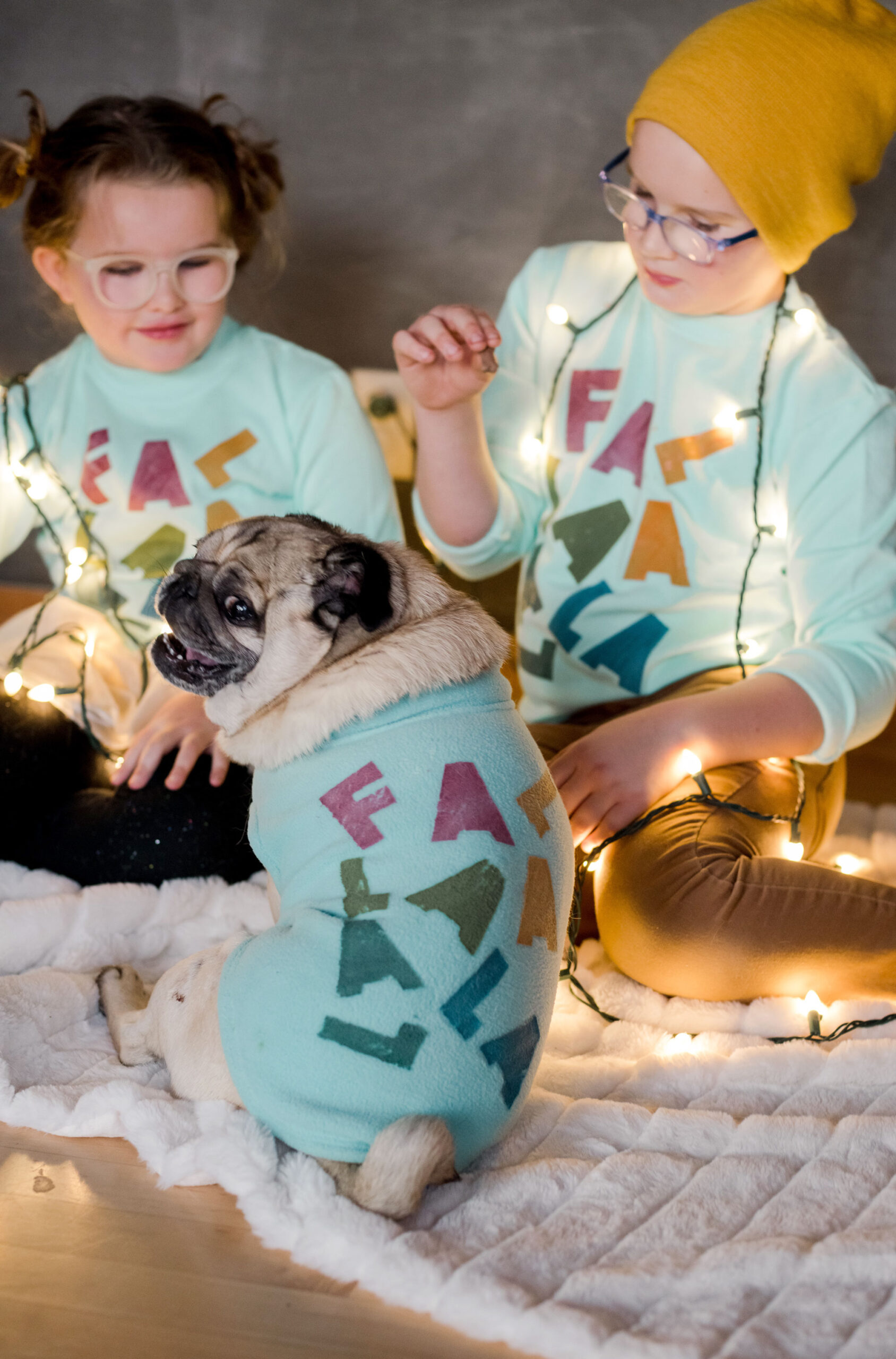 matching holiday sweatshirt tutorial, painted holiday sweatshirts, fabric paint shirts, matching family shirt idea, matching family shirt DIY