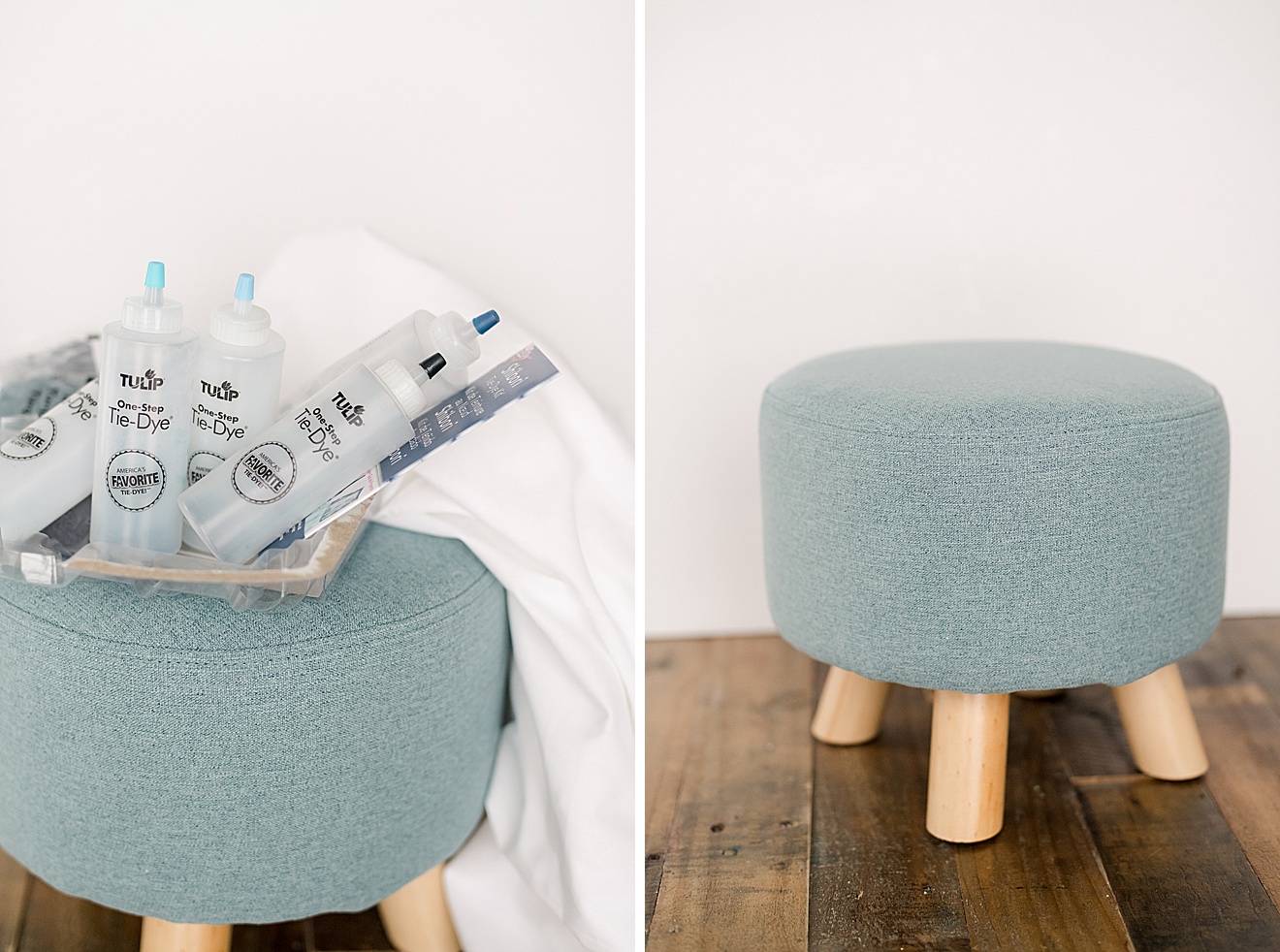 Shibori inspired footstool recovering, how to recover a footstool, shibori inspired tie dye DIY, Shibori inspired dye, how to shibori dye a footstool