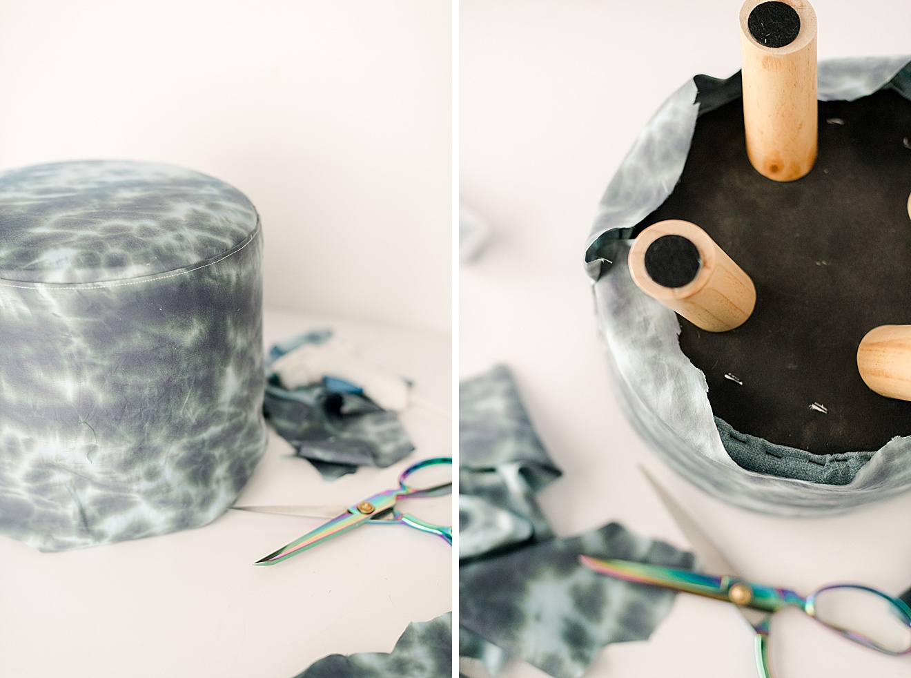 Shibori inspired footstool recovering, how to recover a footstool, shibori inspired tie dye DIY, Shibori inspired dye, how to shibori dye a footstool