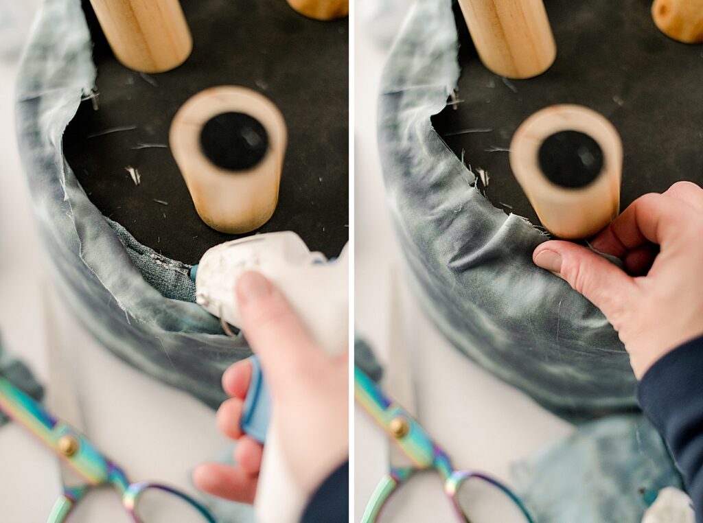 Shibori inspired footstool recovering, how to recover a footstool, shibori inspired tie dye DIY, Shibori inspired dye, how to shibori dye a footstool