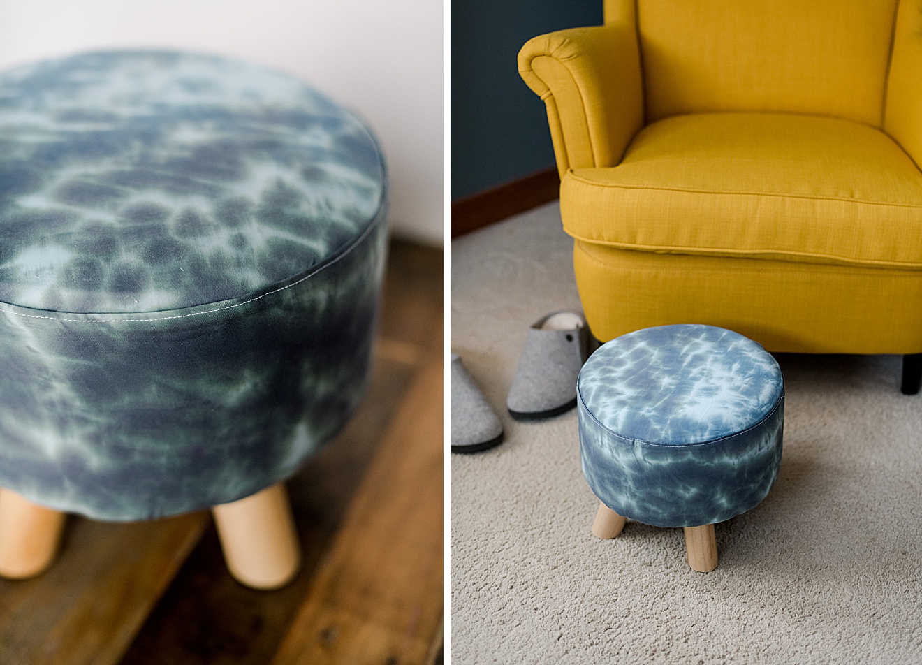 Shibori inspired footstool recovering, how to recover a footstool, shibori inspired tie dye DIY, Shibori inspired dye, how to shibori dye a footstool