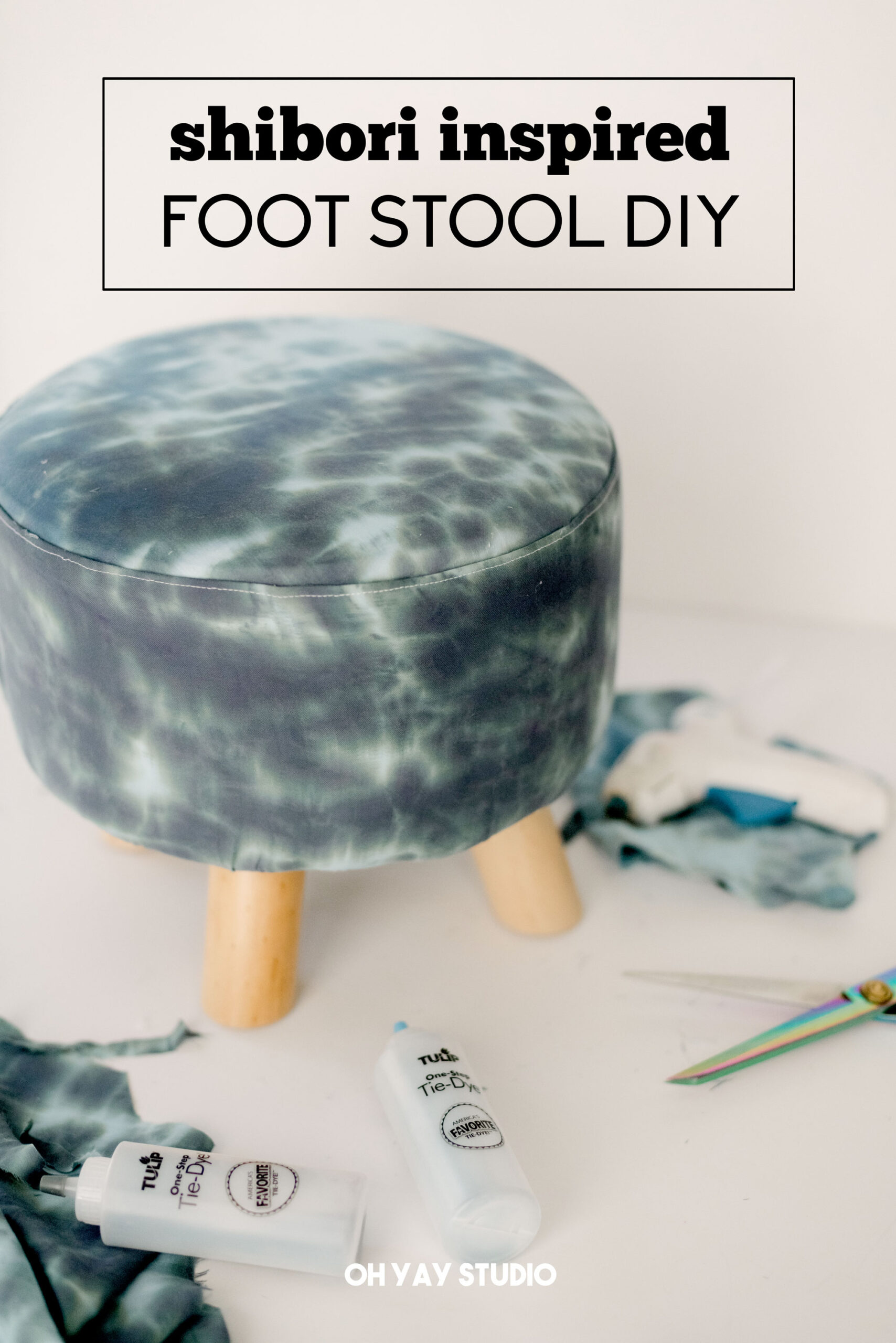 Shibori inspired footstool recovering, how to recover a footstool, shibori inspired tie dye DIY, Shibori inspired dye, how to shibori dye a footstool