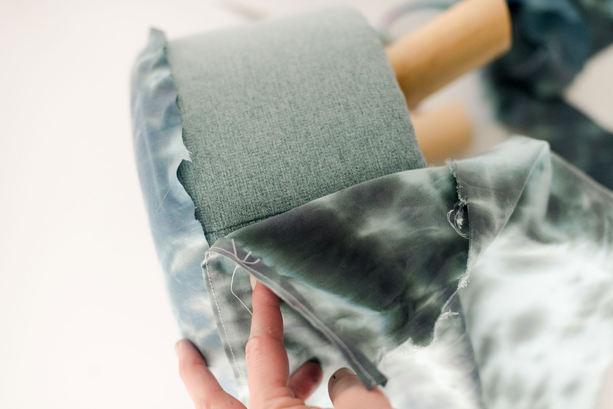 Shibori inspired footstool recovering, how to recover a footstool, shibori inspired tie dye DIY, Shibori inspired dye, how to shibori dye a footstool