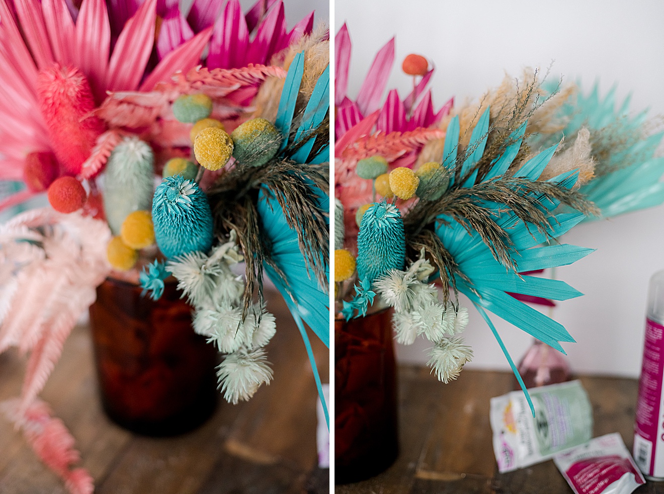 DIY colorful dried flowers, colorshot dried flowers, colorshot paint DIY, how to make colorful dried flowers, colorful dried floral arrangement DIY