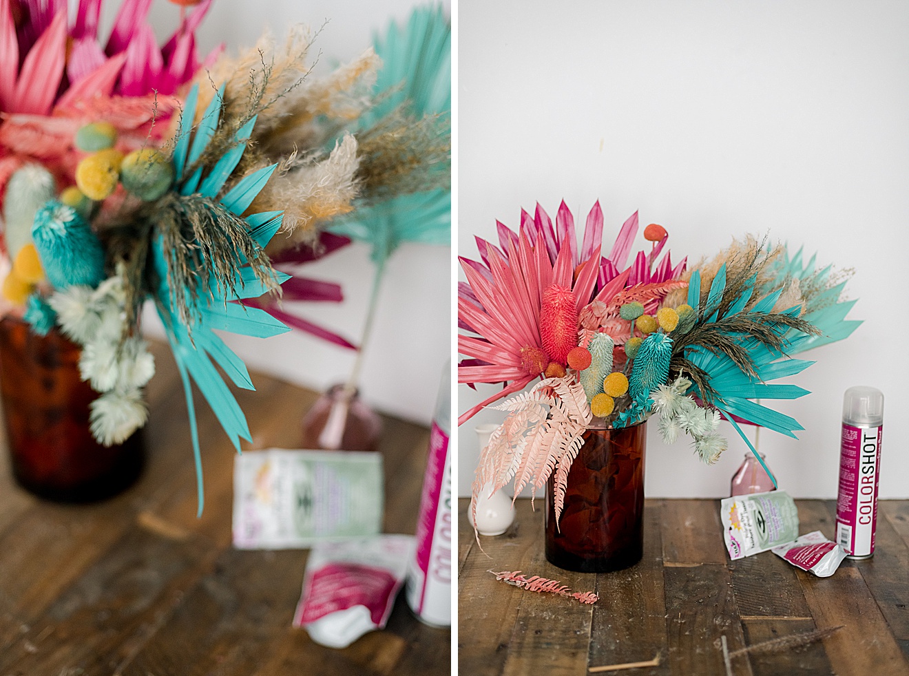 DIY colorful dried flowers, colorshot dried flowers, colorshot paint DIY, how to make colorful dried flowers, colorful dried floral arrangement DIY