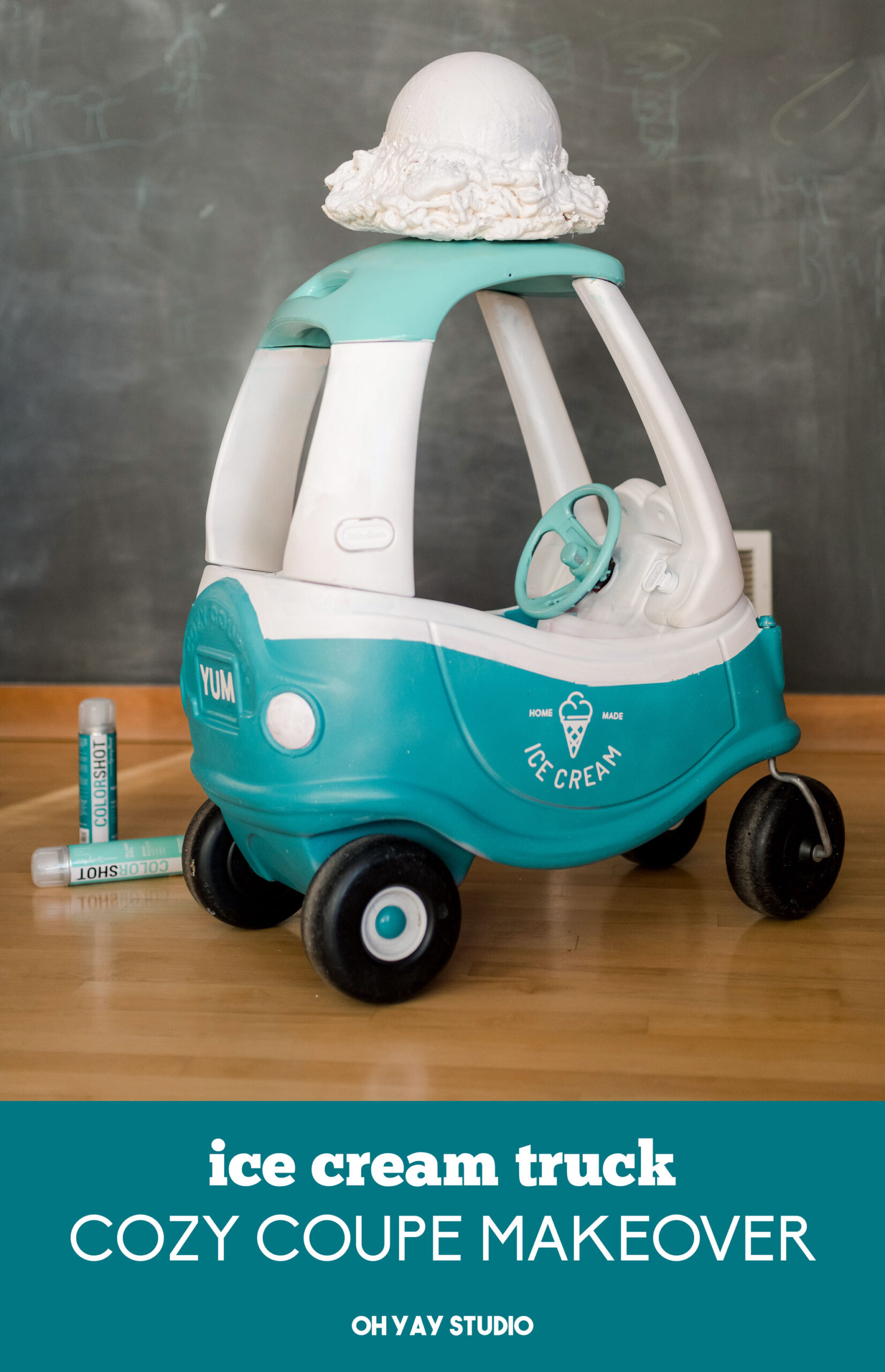 Cozy coupe makeover, ice cream truck makeover, ice cream truck cozy coupe, how to makeover a cozy coupe, little tykes cozy couple makeover, how to make a giant ice cream scoop