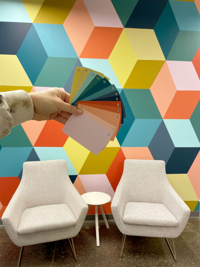 Painting a cube mural, office building mural design, office decorating ideas, cube mural, colorful wall mural
