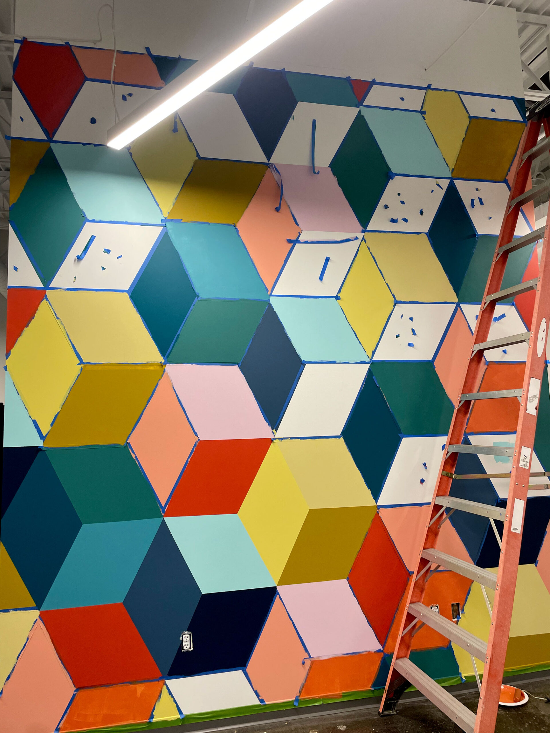Painting a cube mural, office building mural design, office decorating ideas, cube mural, colorful wall mural