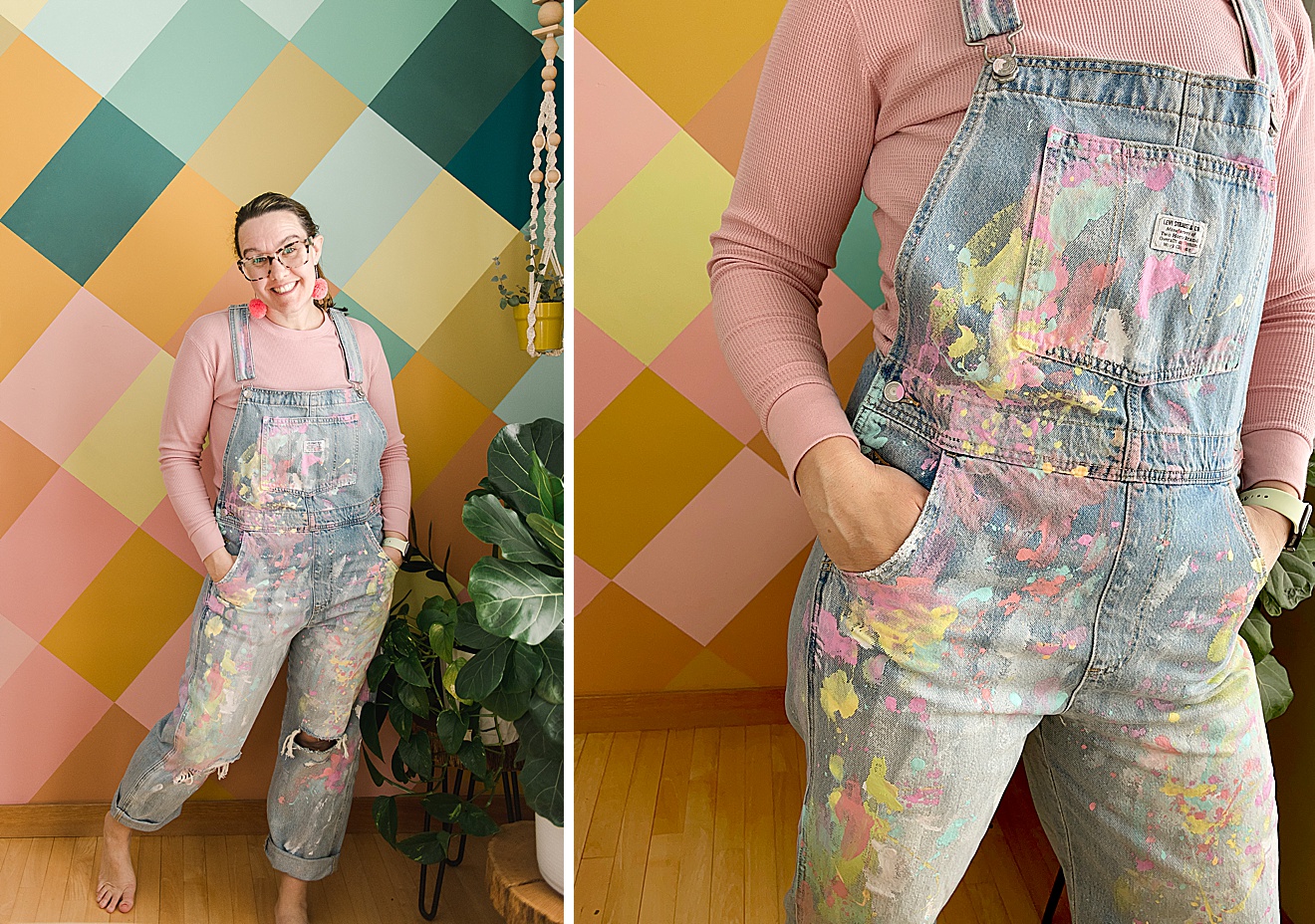 DIY splatter painted overalls, painted overalls, DIY splatter painted clothing, how to splatter paint clothing, the best paint for painting clothing, how to paint clothing