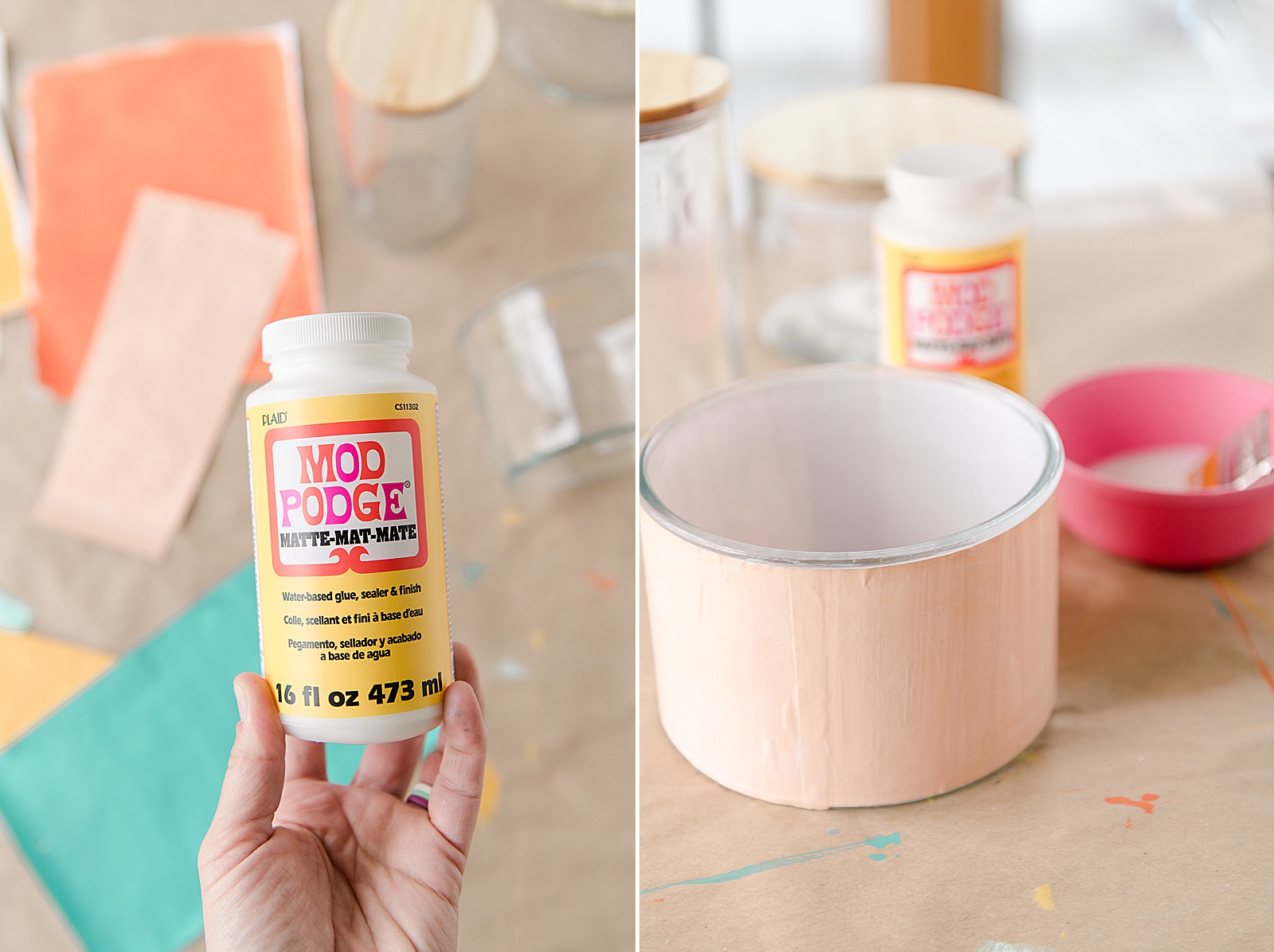 Colorful container, colorful kitchen container, colorful storage container diy, mod podge container, DIY mod podge container, DIY colorful container