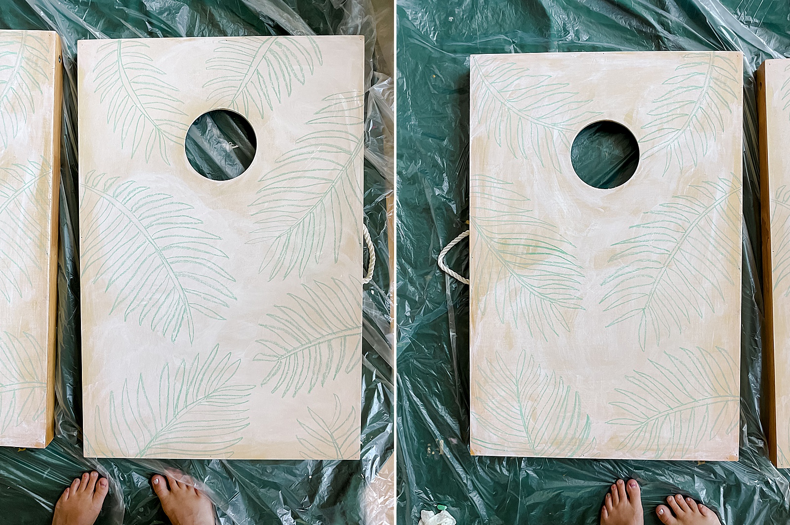 How to paint custom bag boards, palm leaf bag boards, 4th of july bag boards, colorful custom bag boards, painted bag boards DIY