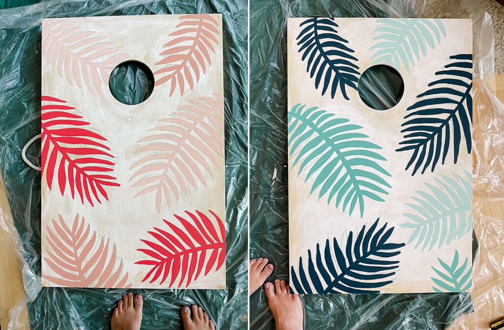 How to paint custom bag boards, palm leaf bag boards, 4th of july bag boards, colorful custom bag boards, painted bag boards DIY