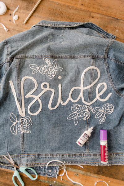 Custom bridal jean jacket, custom bride jacket, custom wedding getting ready, bridal jean jacket DIY, jean jacket DIY