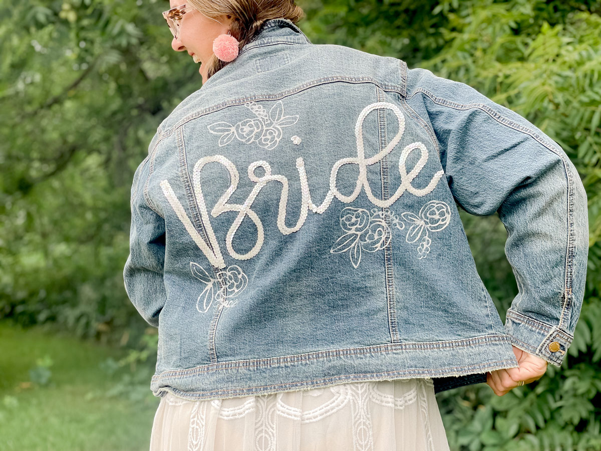 Custom bridal jean jacket, custom bride jacket, custom wedding getting ready, bridal jean jacket DIY, jean jacket DIY