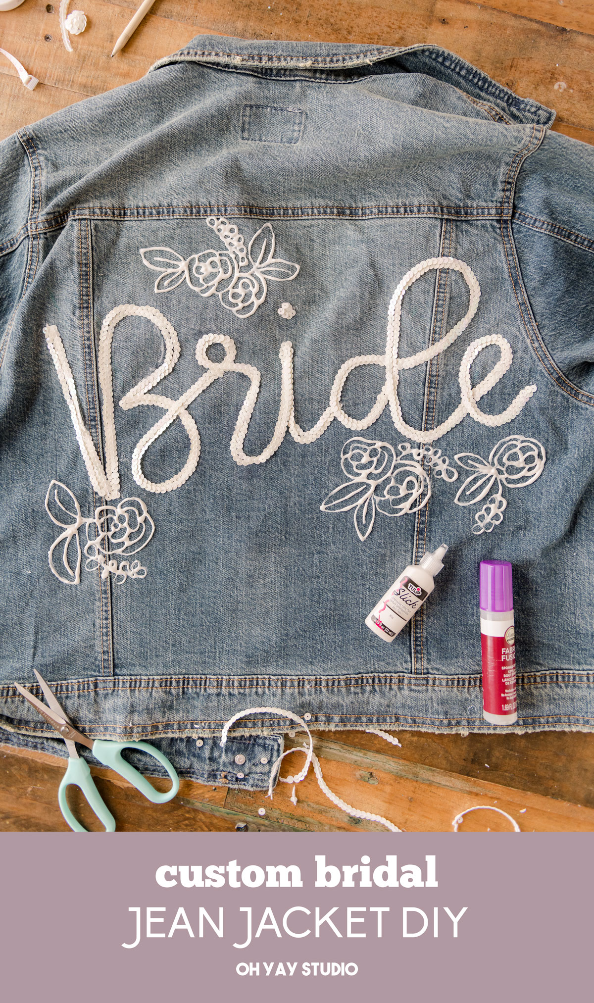 Custom bridal jean jacket, custom bride jacket, custom wedding getting ready, bridal jean jacket DIY, jean jacket DIY
