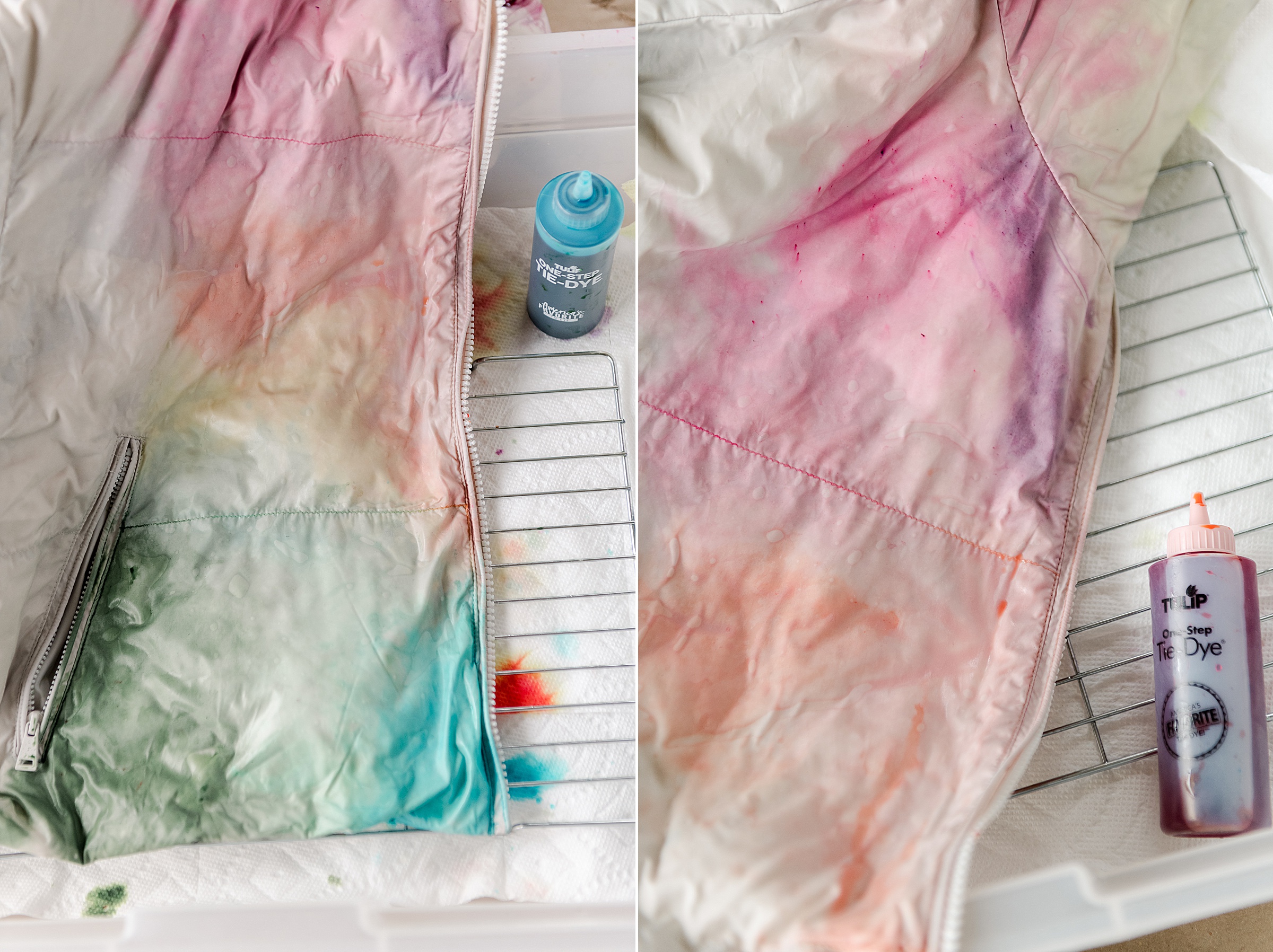 Watercolor tie dye jacket, how to do the watercolor tie dye effect, tie dye winter jacket, watercolor tie dye winter coat DIY, winter coat tie dye DIY