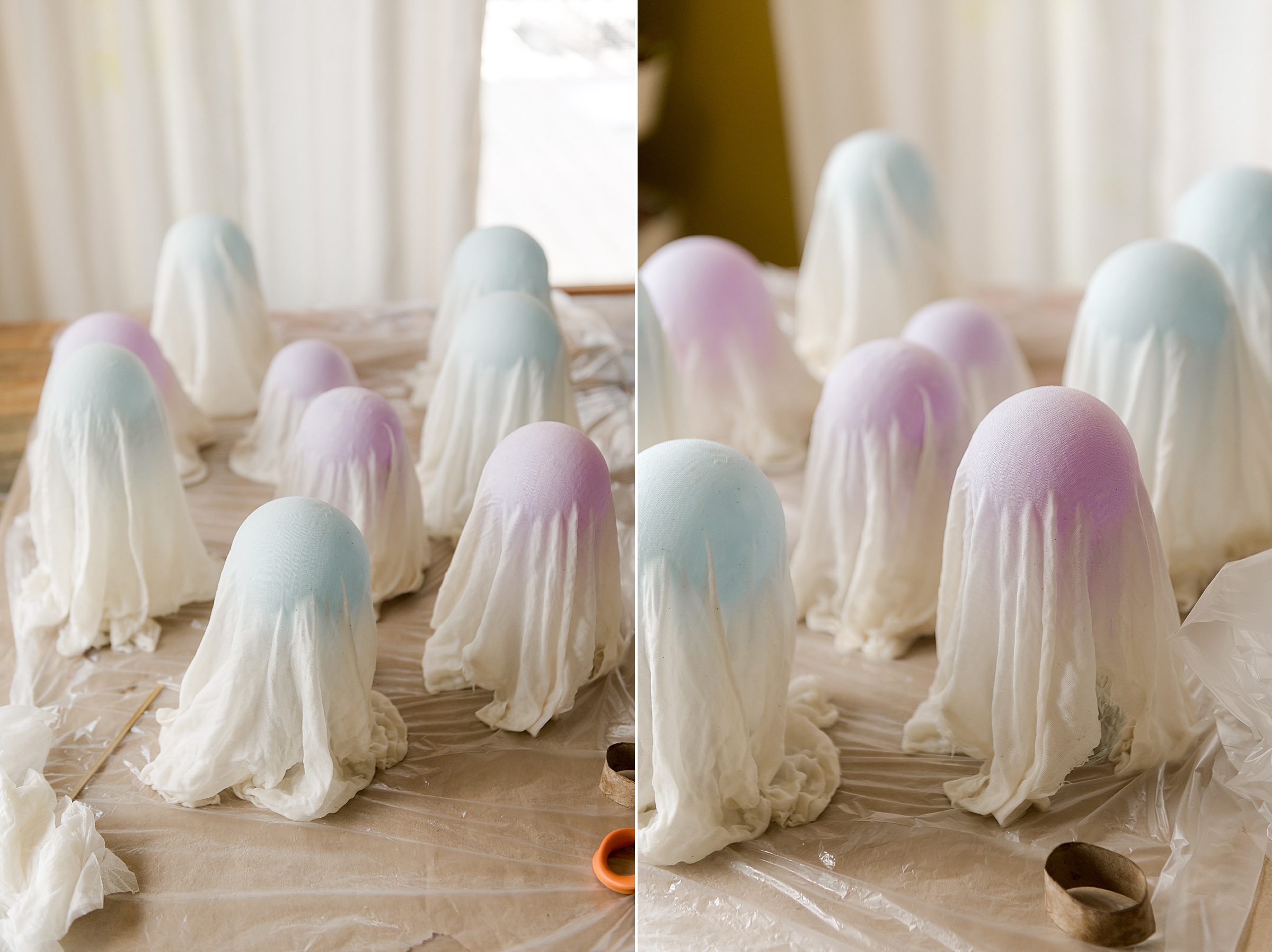 How to make cheesecloth ghosts, cheesecloth ghost DIY, how to make cheesecloth ghosts with glue, glue to make cheesecloth ghosts, handmade cheesecloth ghosts